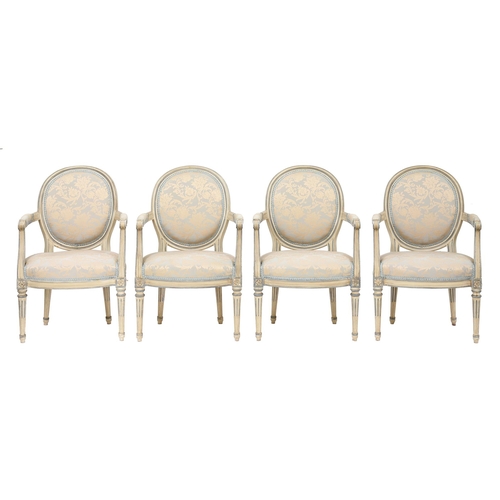 946 - A set of four French painted armchairs, mid 20th c, in Louis XVI style, 86cm h