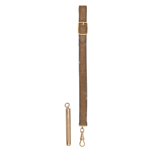 96 - A gold and leather watch fob, c1920, with gold buckle, 17cm l and a 9ct toothpick, Birmingham 1961, ... 