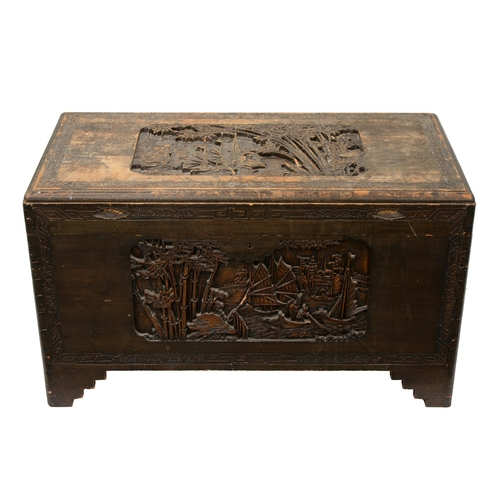 960 - A carved and stained wood chest, c1930, 23cm h; 102 x 53cm