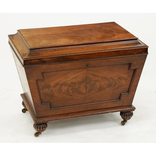 963 - A George IV mahogany wine cooler of sarcophagus shape in figured veneers on low bun feet, brass cast... 