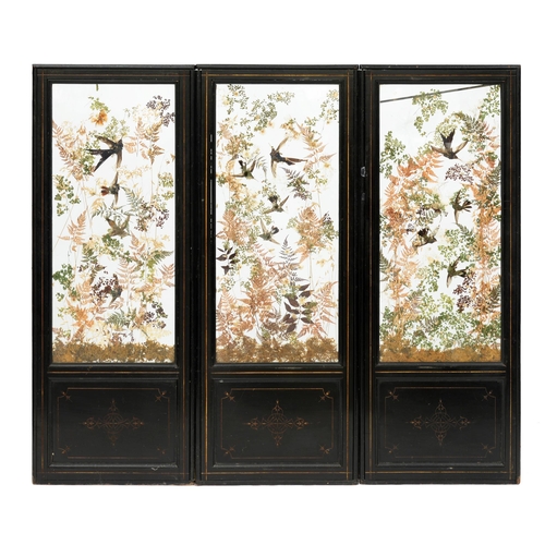 977 - An aesthetic movement  ebonised  taxidermy screen of  three double sided, glazed leaves each inset w... 