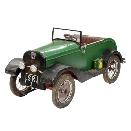 986 - A child's green and black painted aluminium, steel and wood motor car, second quarter 20th c, with p... 