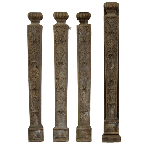 988 - A set of four Jacobean revival oak pilaster, 19th c,  carved with mannerist ornament and strapwork, ... 