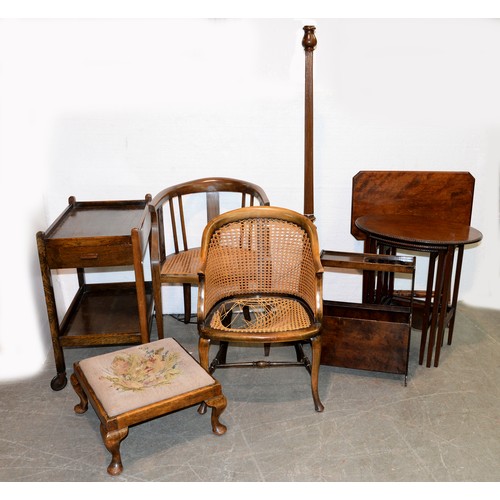 1035 - Two beech caned bergères,  an oak tea trolley, turned walnut standard lamp, etc