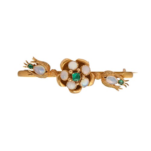 183 - An emerald, opal and moonstone brooch, in gold, adapted, 49mm l, 7.7g