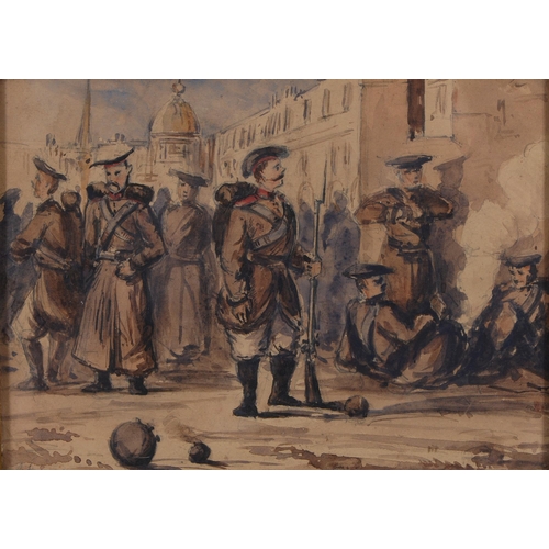 100 - British School, c1855 - Russian Infantry at Sebastopol, watercolour, 15 x 20.5cm, contemporary rosew... 