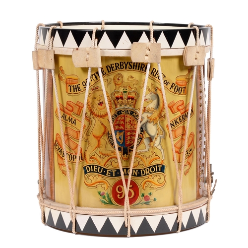 112 - Sherwood Foresters. A Regimental bandsman's side drum, painted by a herald painter with arms and bat... 