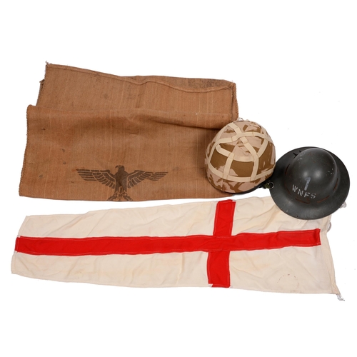 118 - Militaria. WWII British Home Front, a WNFS Zuckerman helmet with liner, an ARP whistle, a German Thi... 