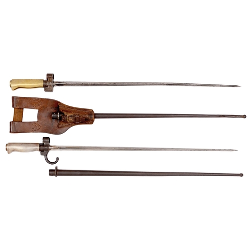 127 - Two French Lebel bayonets and sheaths, M1886 and M1886/93, blades 52cm l, one with leather hanger... 