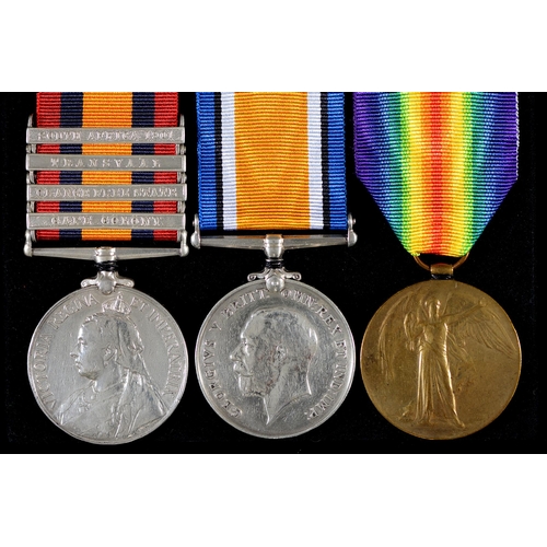 145 - Anglo-Boer War/WWI group of three, Queen's South Africa Medal, four clasps Cape Colony, Orange Free ... 