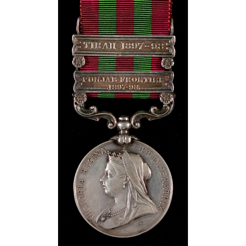 154 - India Medal, two clasps Punjab Frontier 1897-98 and Tirah 1897-98, 4876 Pte J Hardy 2d Bn Derby Regt... 