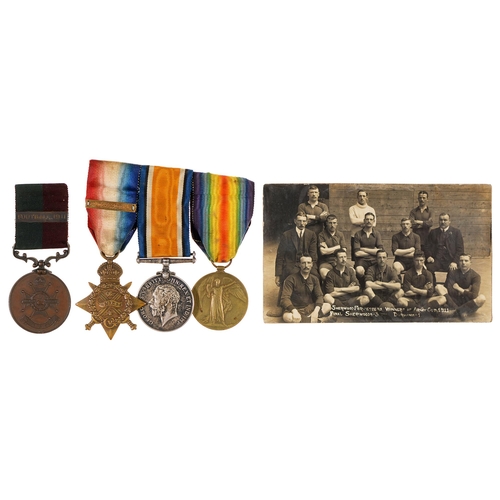 166 - WWI group of three, 1914 Star and clasp, British War Medal and Victory Medal, 6874 Cpl H Barkes 2/No... 