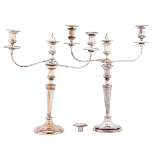 17 - Notts. Militia. A pair of Sheffield Plate candelabra, c1815, nozzles, crested, 48.5cm h... 