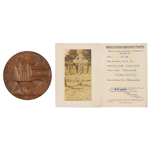 232 - WWI memorial plaque, Arthur McVie and contemporary mounted photograph of the grave of the same,... 