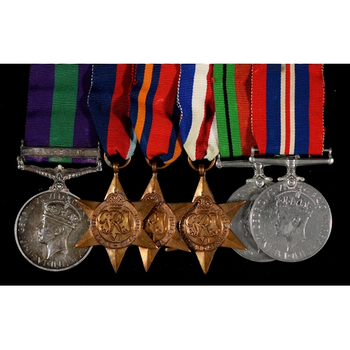 234 - WWII attributed group of six, General Service Medal GVI, one clasp Palestine, 1939-1945 Star, Burma ... 