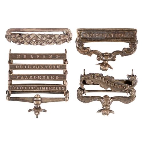 252 - Silver campaign medal suspenders and clasps, the latter comprising Sebastopol, Waziristan 1894-5 and... 