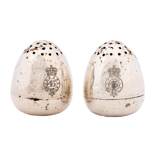 26 - 45th (Sherwood Foresters) Regiment. A pair of Edwardian silver acorn shaped pepperettes, 41mm h, mar... 