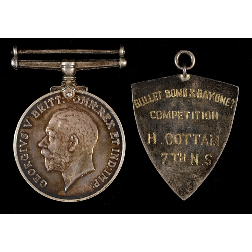 268 - British War Medal 50911 Pte H Cottam N Staff R and a silver prize sporting watch fob shield, Poona D... 