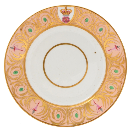 51 - Derby militia. A rare Derby porcelain dessert plate, c1825, the salmon pink and gilt border enamelle... 