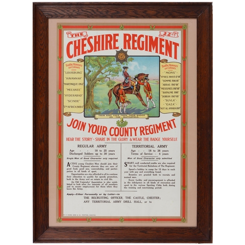 54 - Pictorial Recruitment Poster. Cheshire Regiment, early 20th c, lithograph in colour by W H Evans Son... 