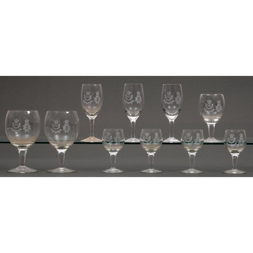 55 - Notts & Derby Regiment. A part suite of ten wine glasses with etched regimental badge ... 