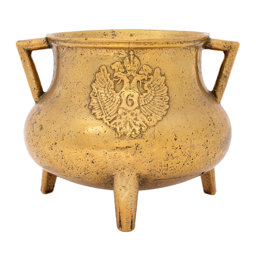 69 - A brass cauldron, cast with imperial arms bearing the number 6, and engraved Taken from the Russian ... 