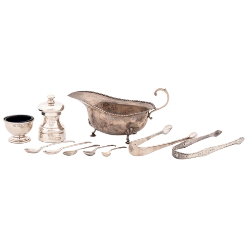 8 - A George V silver sauceboat, 16.5cm l, by Horace Woodward & Co Ltd, London 1912, two pairs of Ge... 