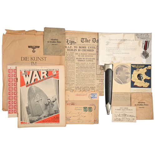 258 - Germany, Third Reich. Miscellaneous militaria to include a dagger sheath, and printed ephemera, post... 