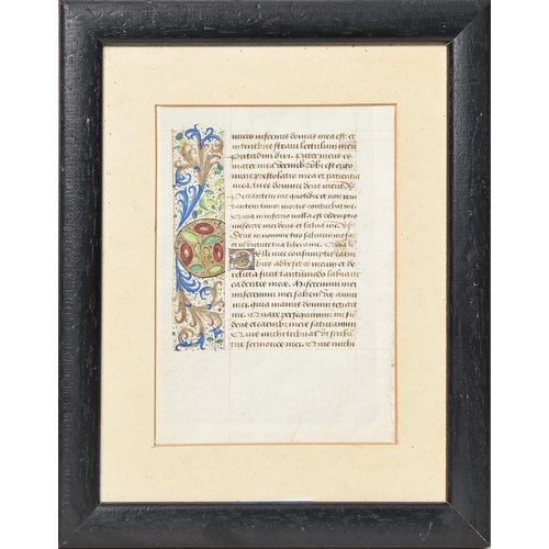 307 - A Medieval illuminated manuscript leaf, probably from a Book of Hours, 15th c, black ink on vellum, ... 