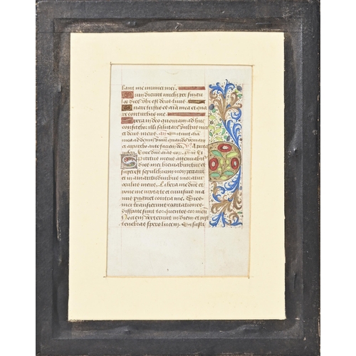 307 - A Medieval illuminated manuscript leaf, probably from a Book of Hours, 15th c, black ink on vellum, ... 