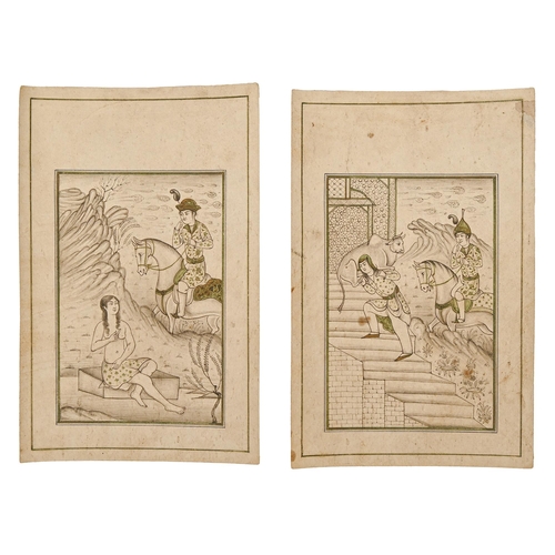 310 - A pair of Indian illuminated narrative leaves, in the Mughal manner, 19th c, illustrated scenes from... 