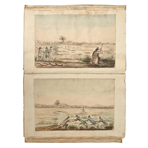 313 - An 18th c vellum folio, n.d., re-purposed in the mid-19th c as a drawing-room scrapbook, comprising ... 