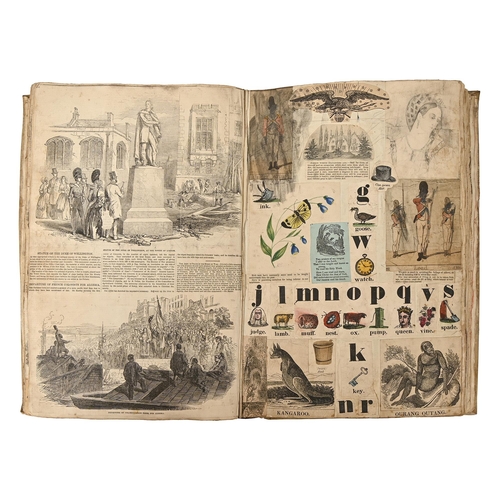 313 - An 18th c vellum folio, n.d., re-purposed in the mid-19th c as a drawing-room scrapbook, comprising ... 