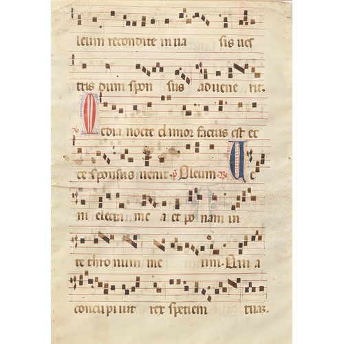 347 - Music. A post-Medieval illuminated antiphonal leaf, 16th c, ink on vellum, black text and notation, ... 