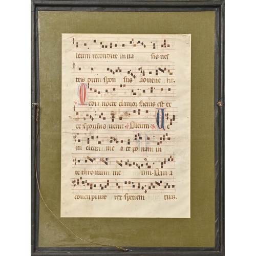 347 - Music. A post-Medieval illuminated antiphonal leaf, 16th c, ink on vellum, black text and notation, ... 