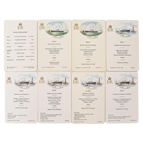 363 - Royalty. Elizabeth II: Seven H.M.Y. Britannia menu cards, dated 24 February, 1986 - 24th March, 1995... 