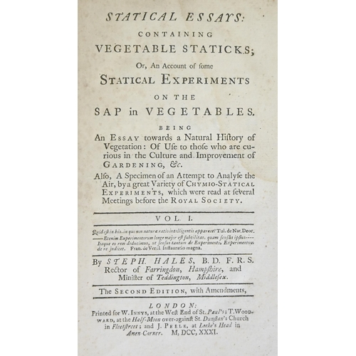 63 - Botany & Science. Hales (Stephen, BD, FRS), Statical Essays: Containing Vegetable Staticks; Or, ... 