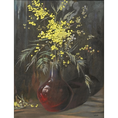 1009 - Edward Loxton Knight RBA, RI (1905-1993) - Mimosas in a Chinese Flambé Vase, signed, pastel on board... 