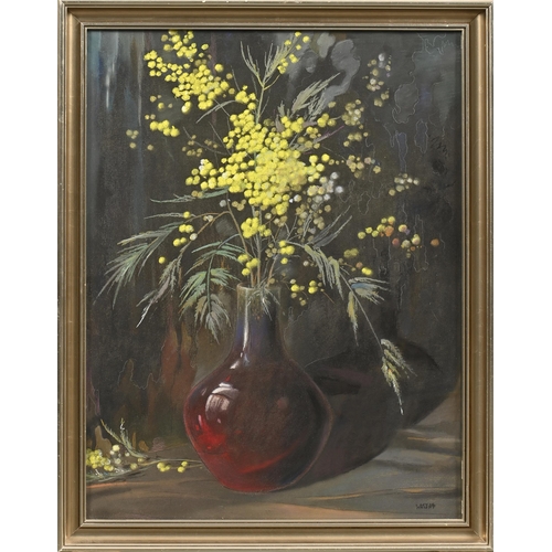 1009 - Edward Loxton Knight RBA, RI (1905-1993) - Mimosas in a Chinese Flambé Vase, signed, pastel on board... 