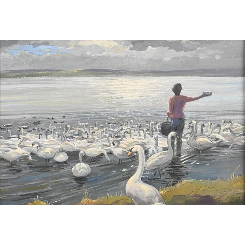 1018 - Edward Loxton Knight RBA, RI (1905-1993) - Feeding the Swans, signed, tempera on board, 39 x 58.5cm... 