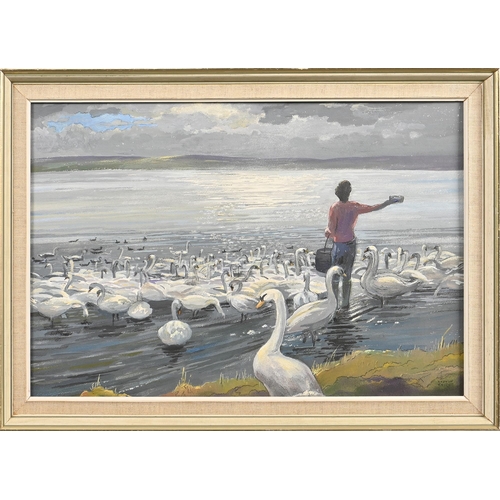 1018 - Edward Loxton Knight RBA, RI (1905-1993) - Feeding the Swans, signed, tempera on board, 39 x 58.5cm... 