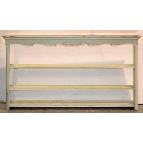 1033 - A pale green painted pine dresser rack, 115cm h, 201cm l