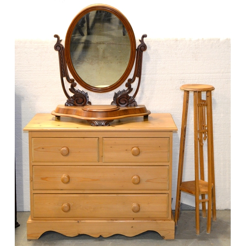 1039 - A waxed pine chest of drawers, a Scottish style waxed pine plant stand and a Victorian mahogany dres... 