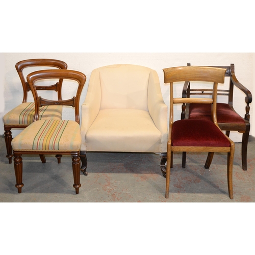 1046 - An Edwardian armchair, on stained wood legs with pottery castors and two and a pair of 19th c mahoga... 