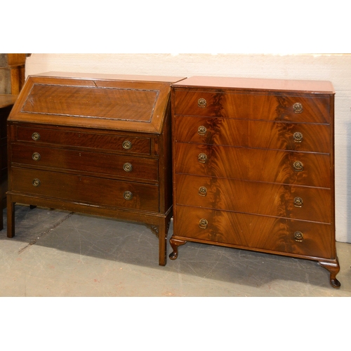 1049 - A mahogany bureau and a chest of drawers, bureau 90cm w