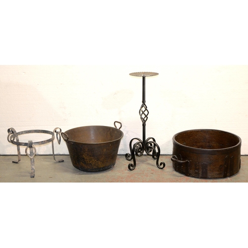 1051 - A Victorian bentwood and iron bushel measure, 49cm diam, a wrought iron candle stand and a brass vat... 