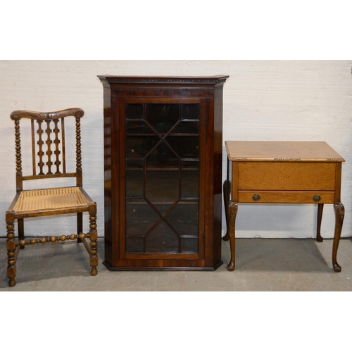 1059 - A mahogany hanging corner cabinet, 19th c, with dentil cornice, 107cm h, a Victorian caned and stain... 