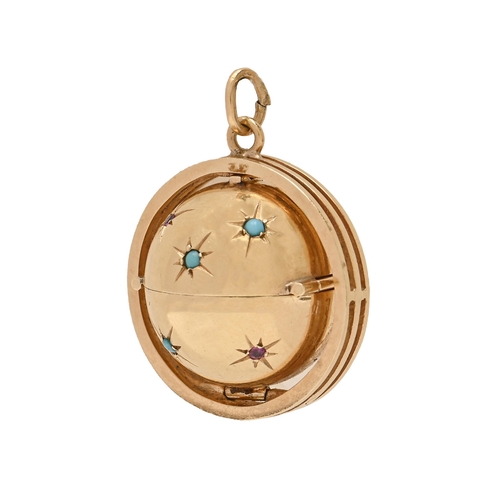 106 - A ruby and turquoise star-set spherical gold locket, in circular pendant, the sphere opening to rele... 