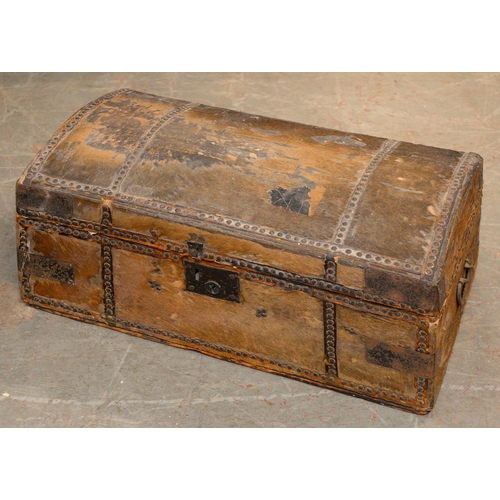 1069 - A George III nailed hide covered wood travelling trunk, with iron lock and carrying handles, lined i... 