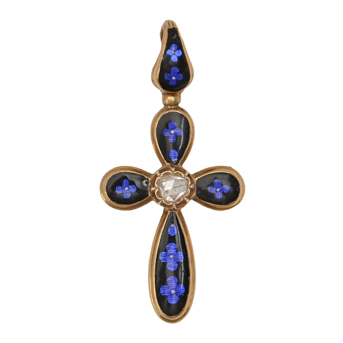 107 - A diamond, gold and blue guilloche enamel cross, 30mm high